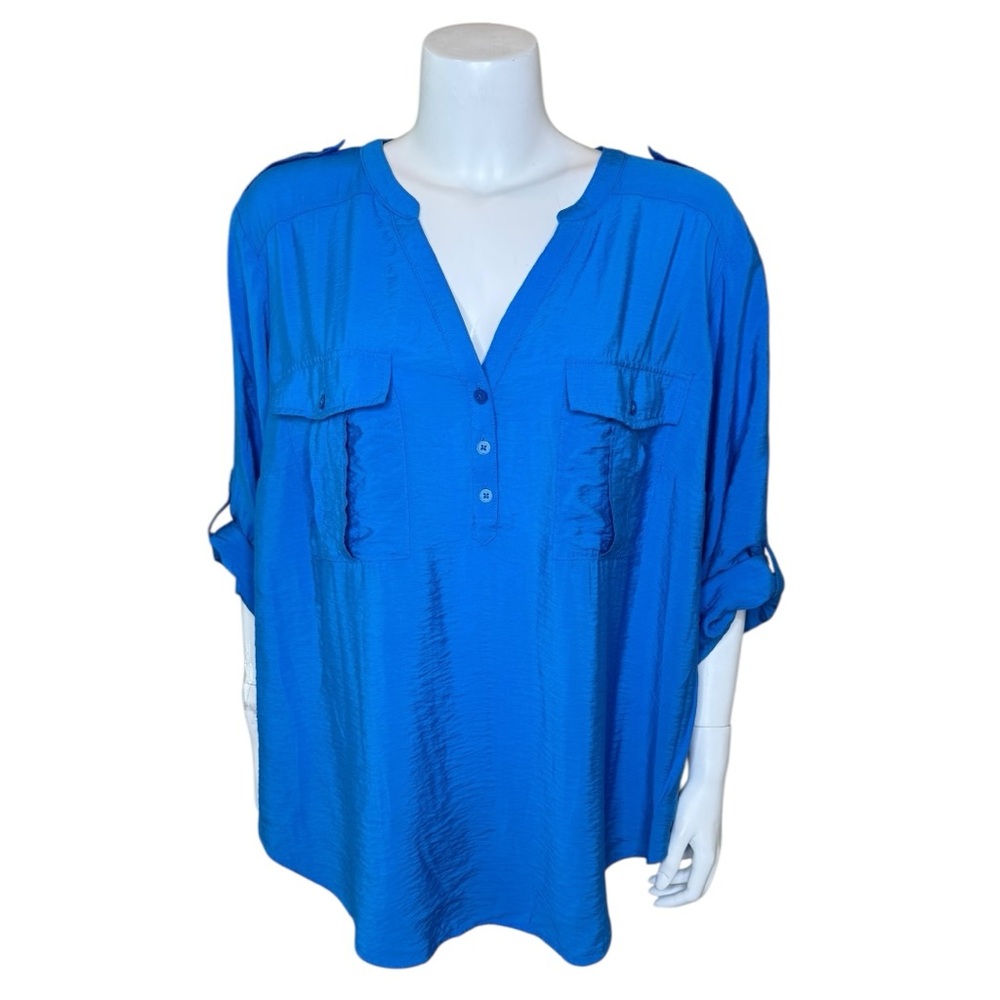 Torrid Harper 3/4 Sleeve Top Blouse 3X V-neck Roll Tab Blue